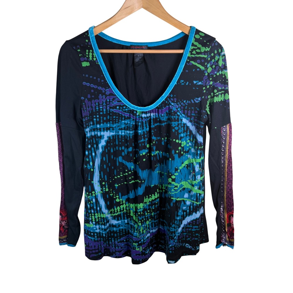 Custo Barcelona Vintage Silk Velvet Graphic Top Women S Black Y2K Art to Wear